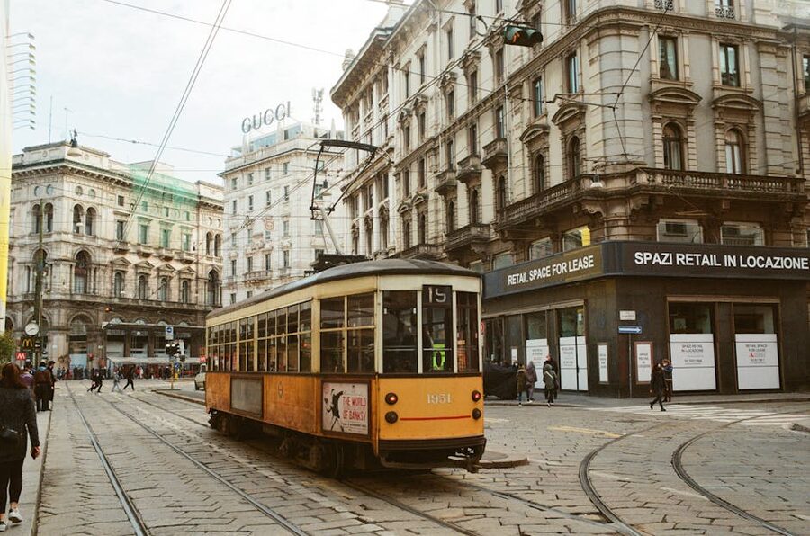 Vintage yellow tram in central Milan