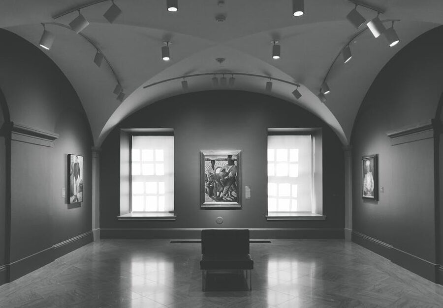 Black and white art gallery interior