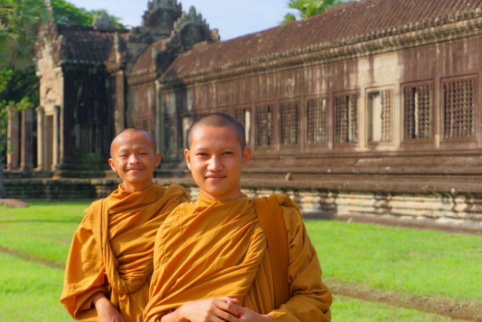 Young Buddhist monks at Angkor in Cambodia