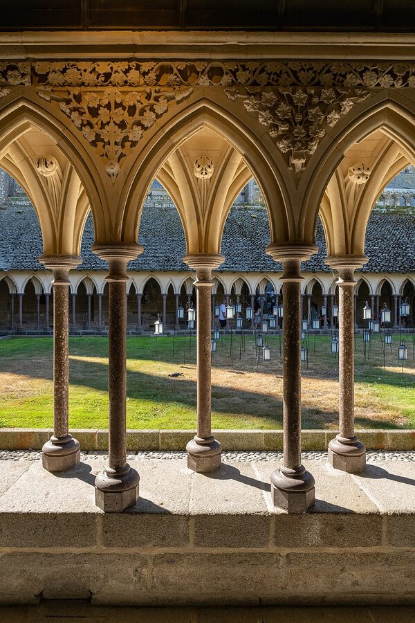 Mont Saint Michel Abbey cloister with pink marble columns