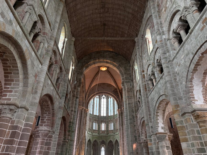 Gothic arches inside Mont Saint Michel Abbey