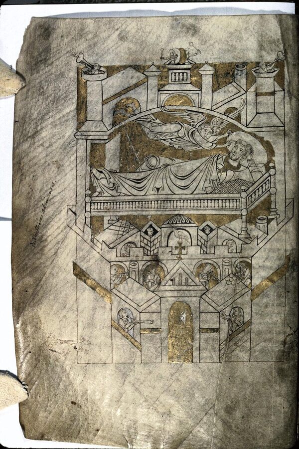 Medieval manuscript showing the vision of Saint Aubert at Mont Saint Michel