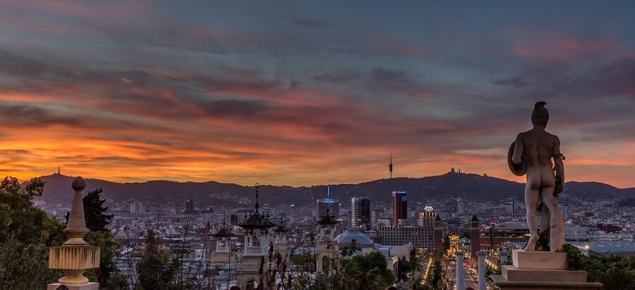 Barcelona at sunset with Plaza Espanya from Montjuic