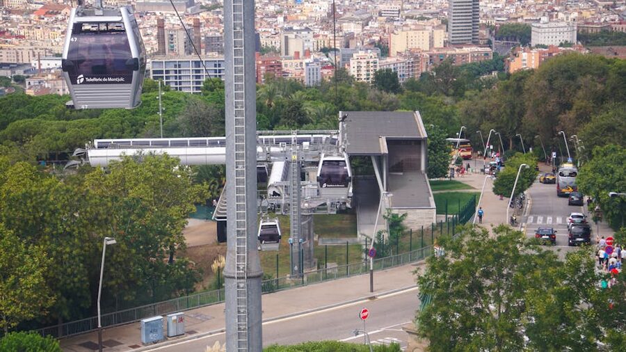 Aerial view of Montjuic Cable Car running over Barcelona