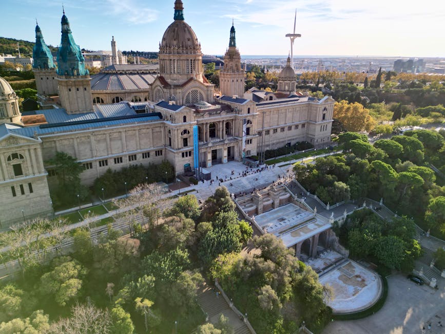Palau Nacional and Montjuic gardens Barcelona aerial view