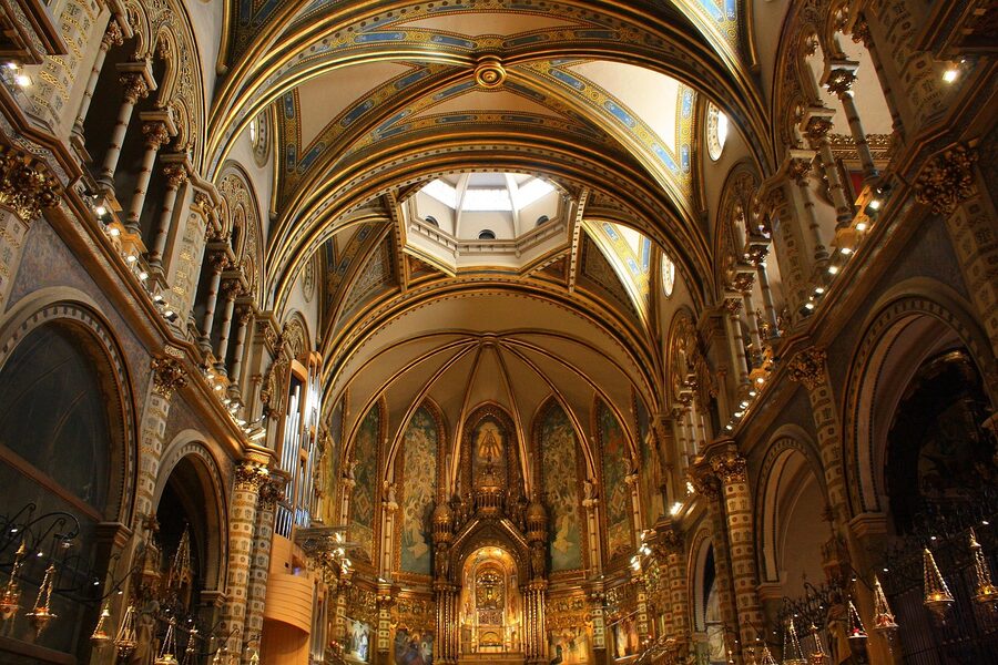 Montserrat basilica ornate ceiling with golden detail