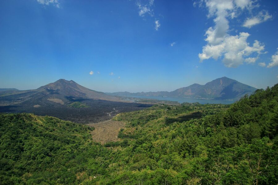 Aerial view of the Mount Batur caldera with the lake and surrounding volcanic ridge