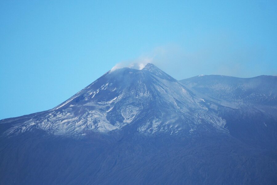 Mount Etna active crater with smoke and ash