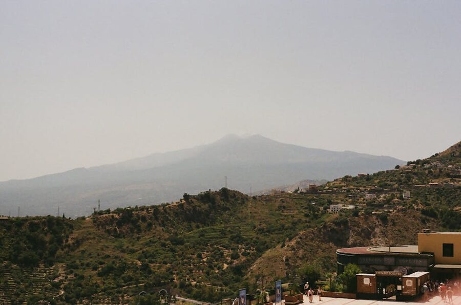 Panoramic view of Mount Etna from Taormina Sicily