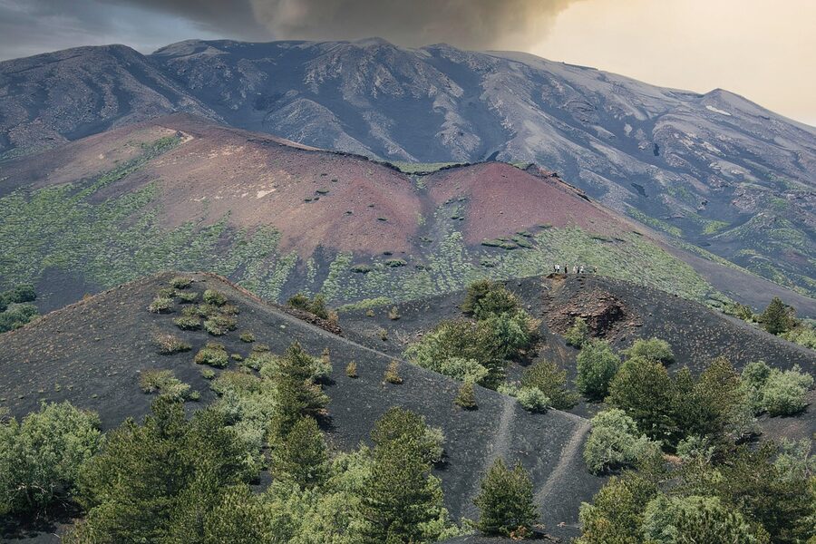 Mount Etna lava rocks and volcanic crater