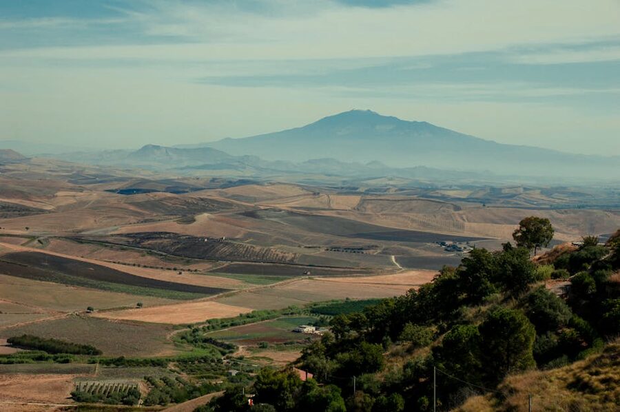 Fields and rolling hills near Mount Etna in Sicily