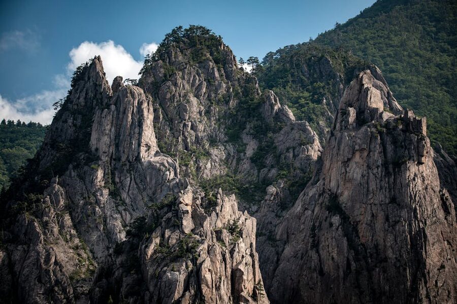 Mt Seoraksan craggy granite peaks under blue sky in South Korea