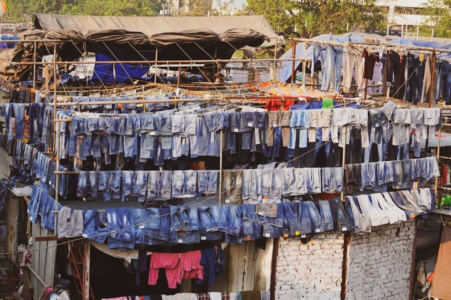 Denim jeans drying outdoors in Mumbai neighbourhood