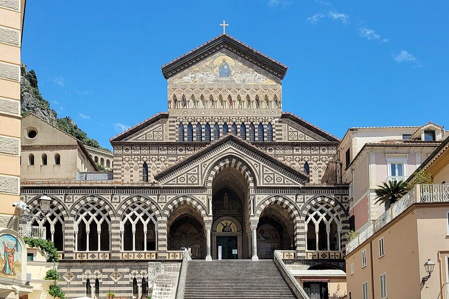 Duomo di Amalfi cathedral facade with steep marble staircase
