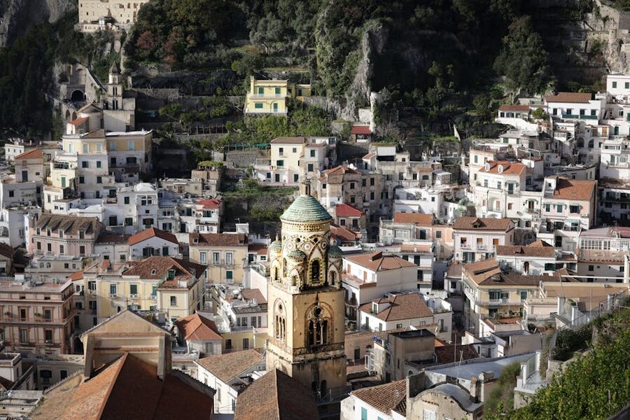 Amalfi town with the cathedral and Mediterranean architecture
