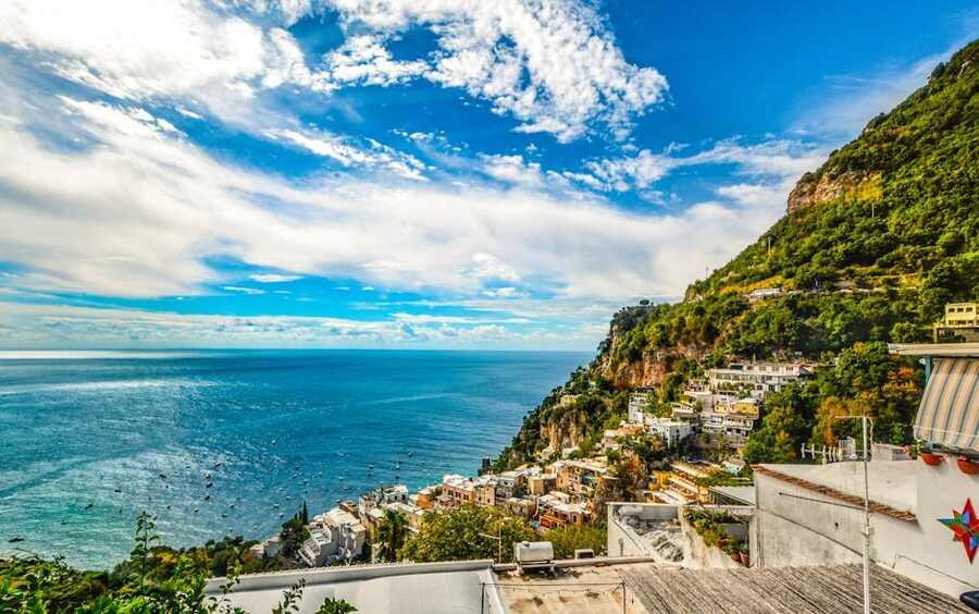 Aerial view of the Amalfi Coast with sea and cliffside towns