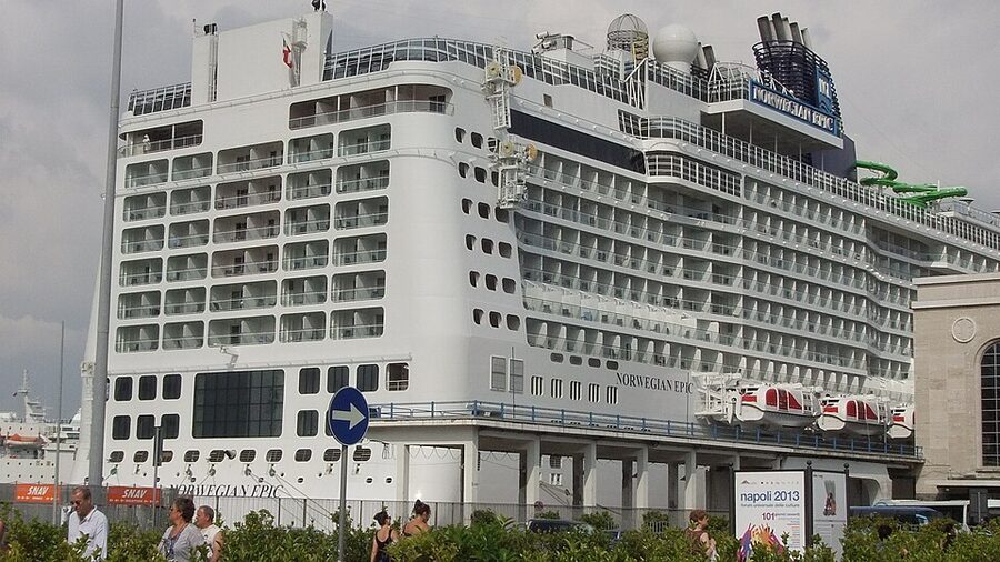 View of the Port of Naples with cruise ships and Mediterranean architecture