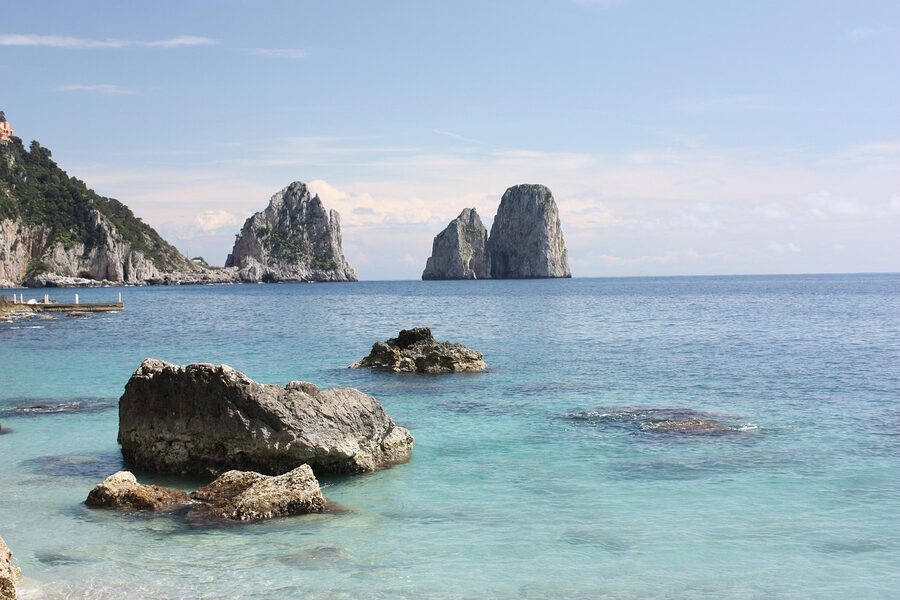 Sea stacks of Capri with the open horizon and Mediterranean Sea