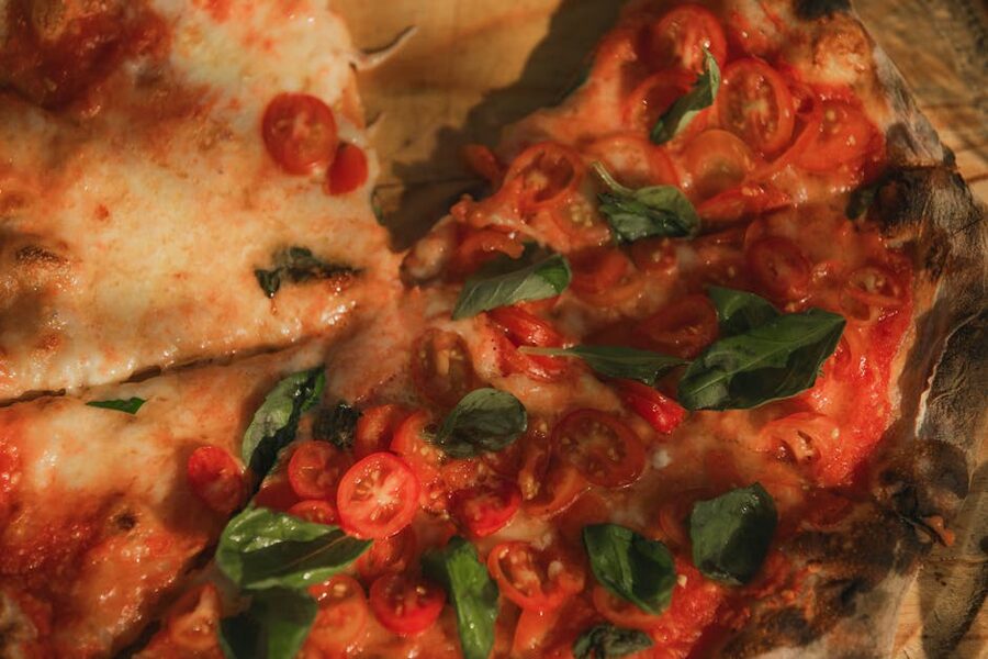 Top view of a baked Margherita pizza Naples