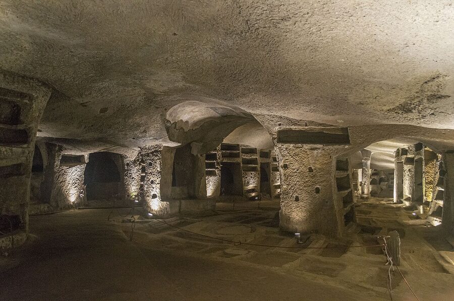 Carved cubicle chamber inside the Catacombs of San Gennaro Naples