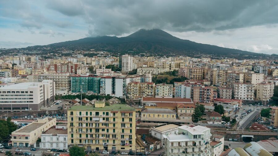 Aerial view of Naples with Mount Vesuvius across the bay