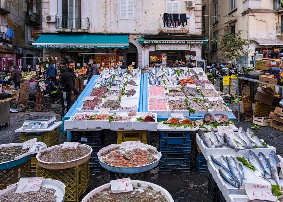 Fish market in Campania near Naples with fresh seafood