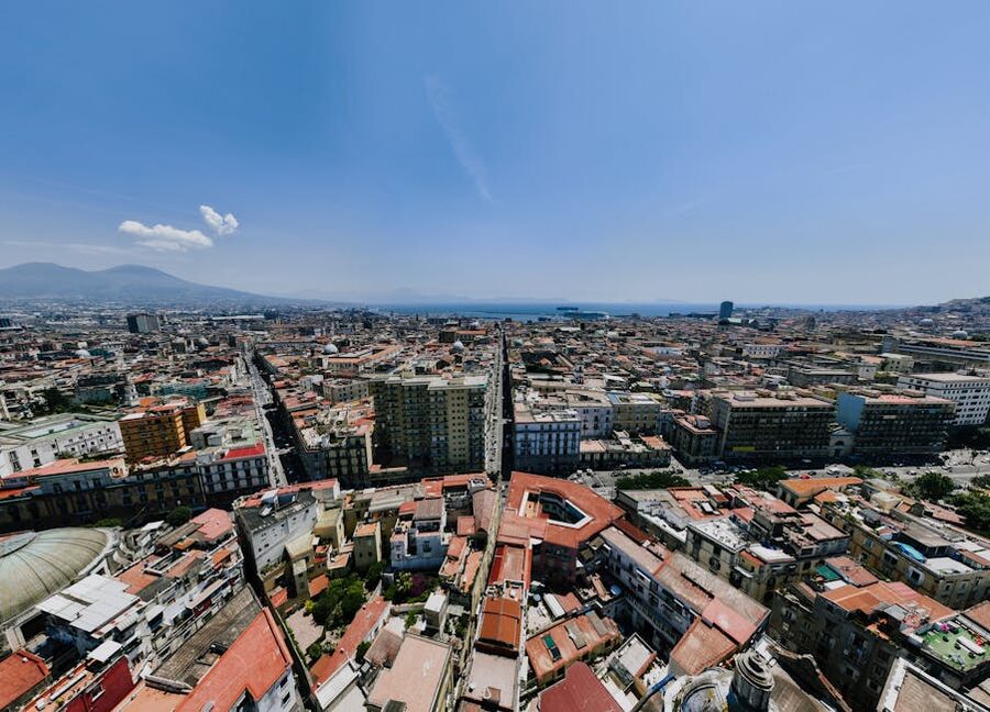 Aerial view of Naples cityscape and Mount Vesuvius