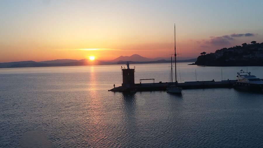Mount Vesuvius silhouette at sunrise over Italy