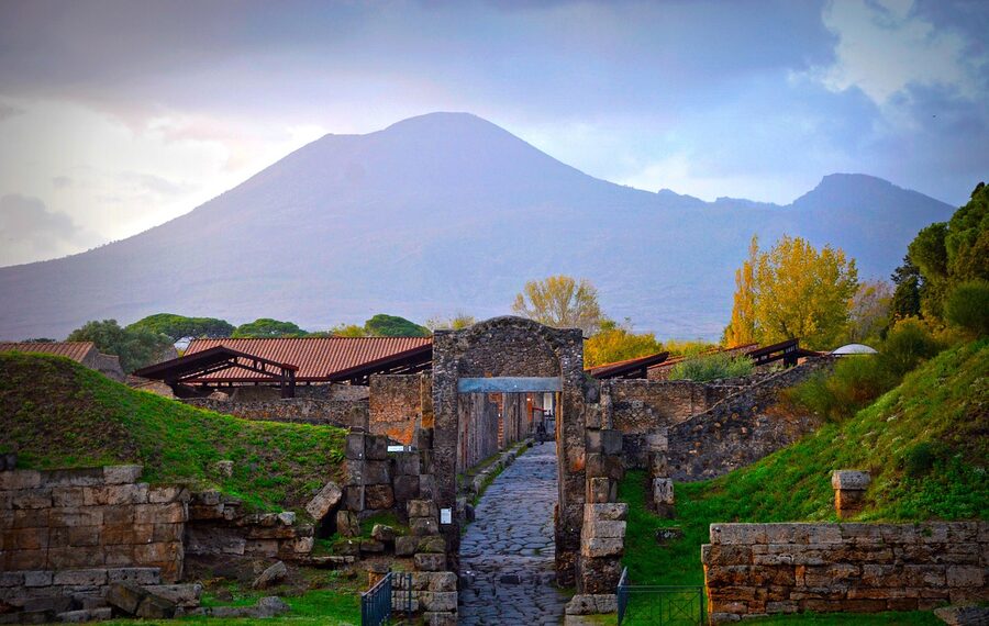 Mount Vesuvius rising over Pompeii ruins