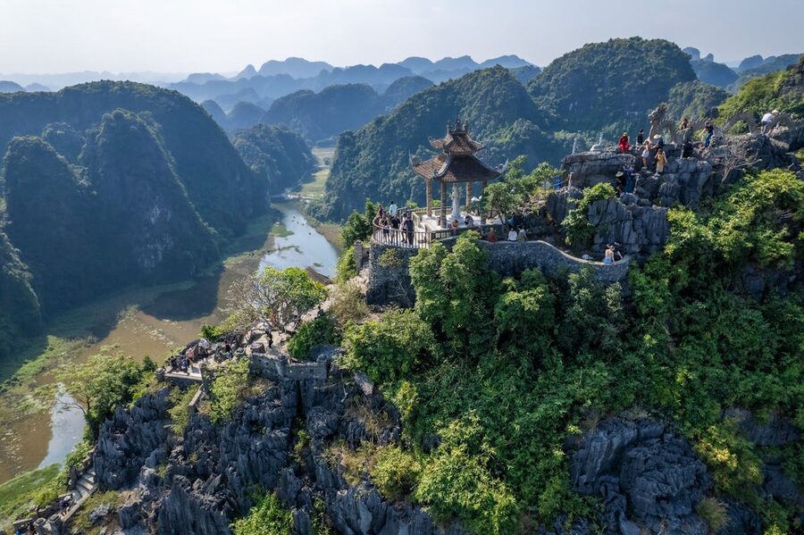 Aerial view of Mua Caves in Ninh Binh showing karst mountains and winding river