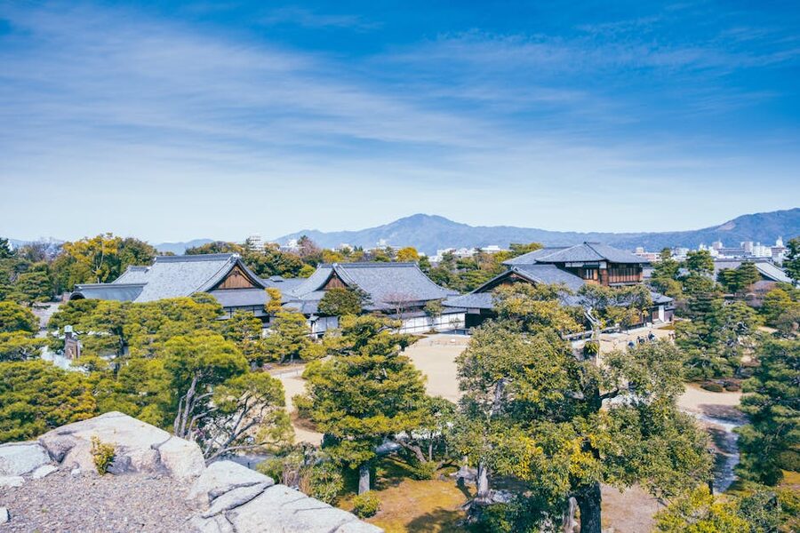 Aerial view of Nijo Castle in Kyoto surrounded by lush gardens