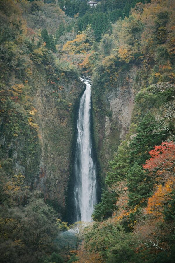 Kegon Falls surrounded by autumn foliage from above
