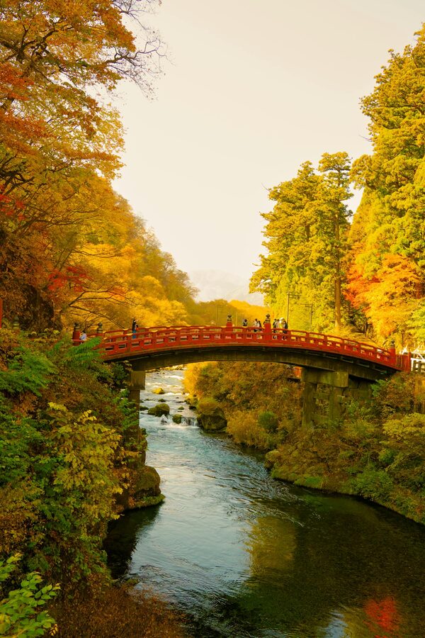 Autumn view of Shinkyo Bridge over the Daiya river Nikko