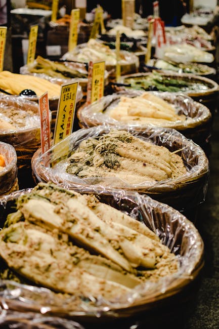 Pickled radish display at Nishiki Market stall in Kyoto