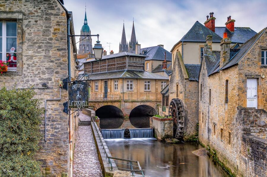 Watermill on a canal in Bayeux Old Town, Normandy