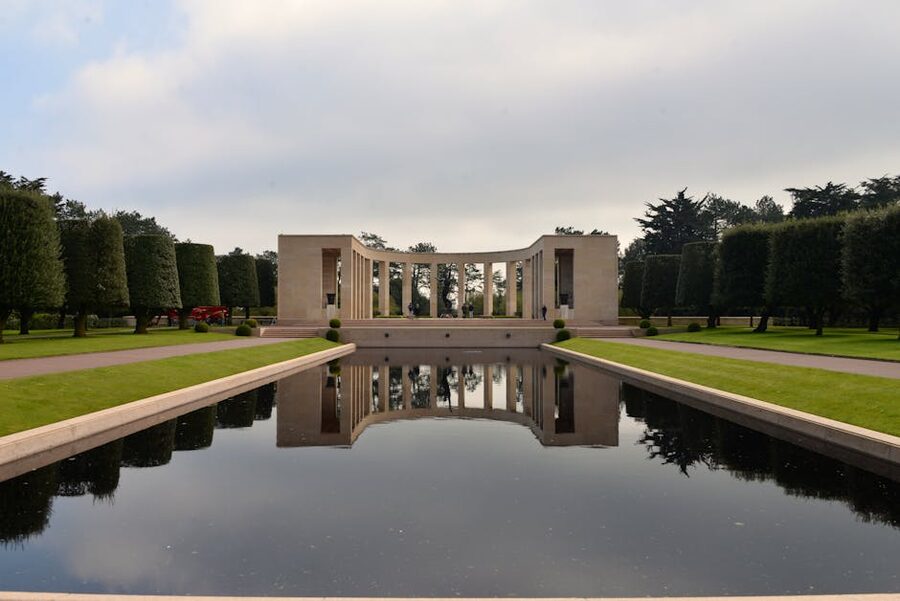 Reflecting pool and memorial at Normandy American Cemetery