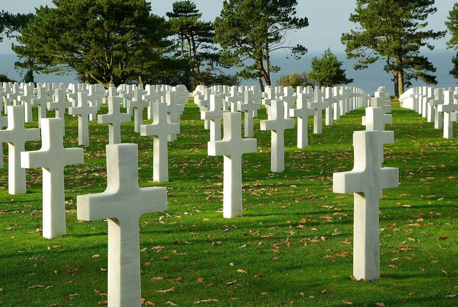 American cemetery rows of crosses overlooking Omaha Beach in Normandy