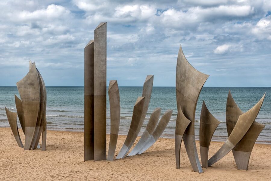 Les Braves memorial sculpture on Omaha Beach in Normandy