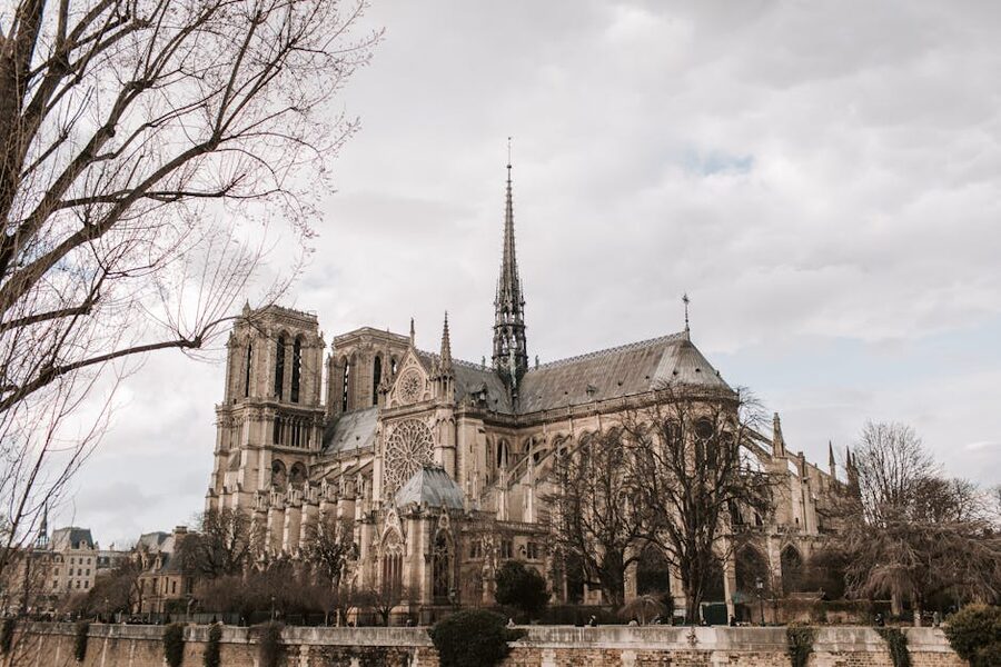 Notre Dame de Paris exterior with leafless trees