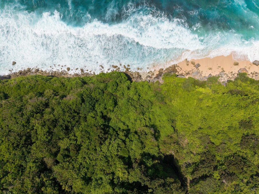 Aerial view of Nusa Penida's dramatic limestone coastline with cliffs dropping to turquoise ocean