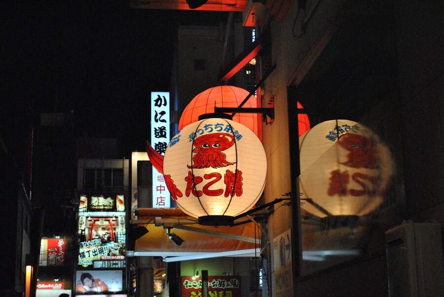 Octopus lanterns on Japanese street at night