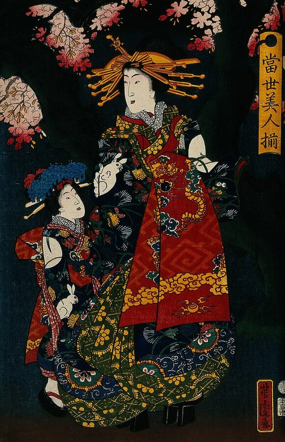 Ukiyo-e woodblock print of an oiran courtesan promenading under cherry trees in the Yoshiwara 1859