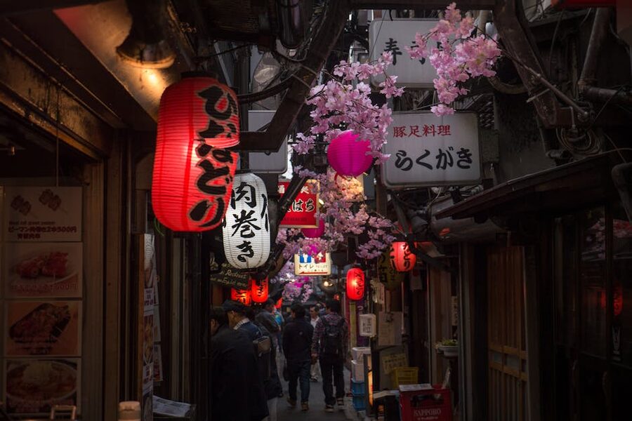 Omoide Yokocho alley with cherry blossoms and lanterns