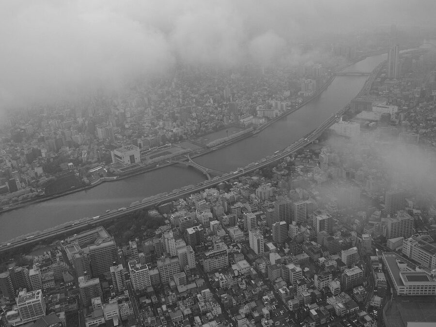 Birds eye view of Tokyo Skytree tower and the Sumida River area from above