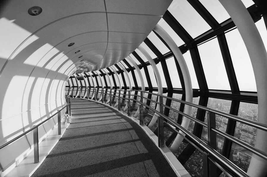 Panoramic city view from the glass observation deck of Tokyo Skytree