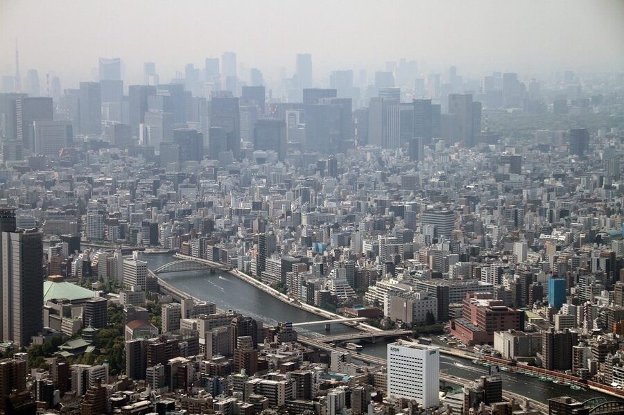 Tokyo Skytree tower against blue sky seen from the Sumida neighborhood