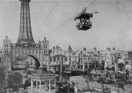 Historical photo of the aerial tramway connecting the original Tsutenkaku Tower to Luna Park in Shinsekai
