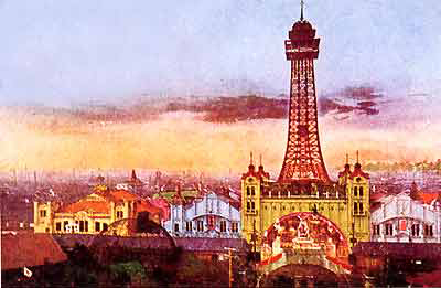 Historical photograph of the original Tsutenkaku Tower and Luna Park amusement park in Shinsekai Osaka circa 1912
