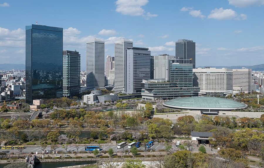 Osaka Business Park skyscrapers seen from Osaka Castle keep tower