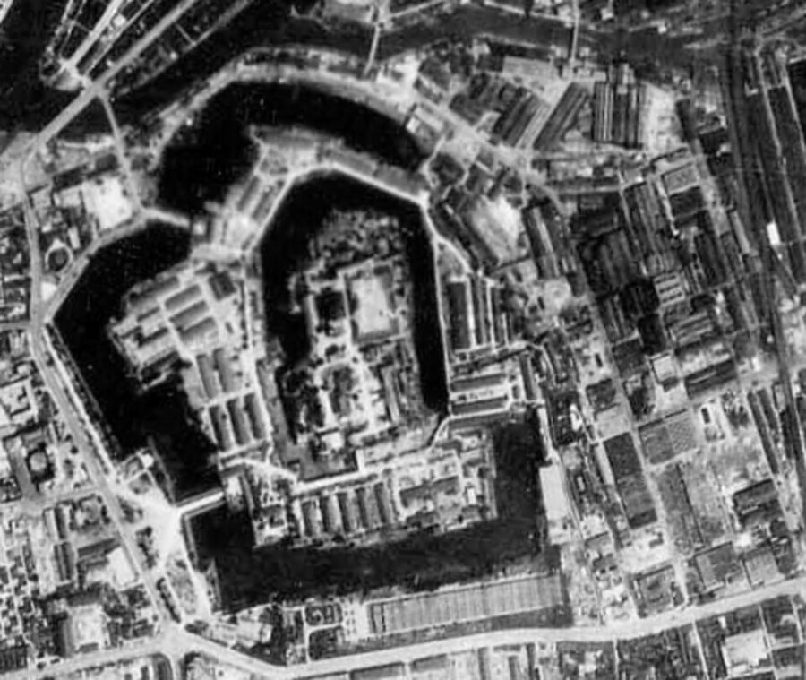 Aerial view of Osaka Castle grounds during 1 June 1945 bombing mission